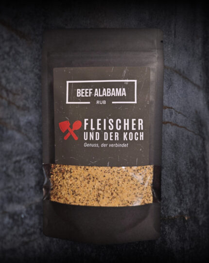 FuK Bama & Bark – Beef Rub Alabama in einer Schale, daneben ein saftiges Steak