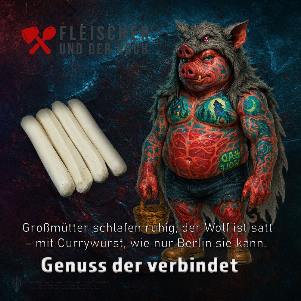 Berliner Currywurst ohne Darm mit orientalischer Soße und Süßkartoffel-Pommes