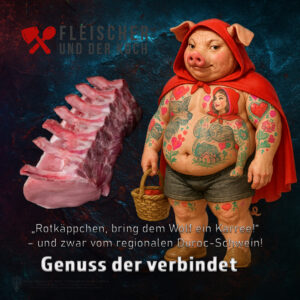 Duroc Schweinekarree mit Kräuterkruste und Waldbeilagen serviert von Fleischer und der Koch